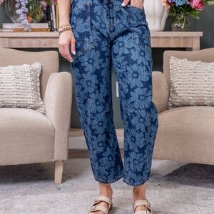 Risen Floral-Pattern Denim Barrel Jeans